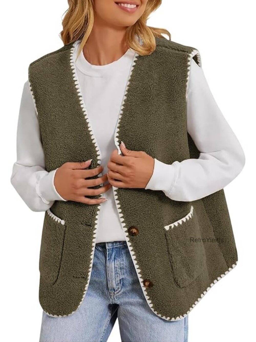 Women Fleece Lightweight Vest V Neck Open Front Button Down Sleeveless